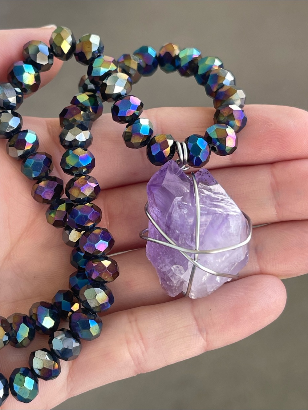 Amethyst Wire-Wrapped Necklace with Iridescent Glass Beads Stainless Steel